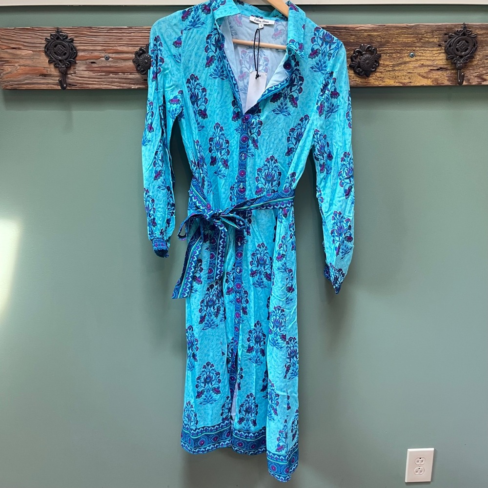 Celina Moon Womens Turquoise Blue Floral Block Print Midi Shirt Dress Small NWT